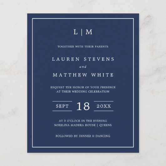 Papier Simple Marine Blue Monogramme Budget Mariage Invit (Devant)