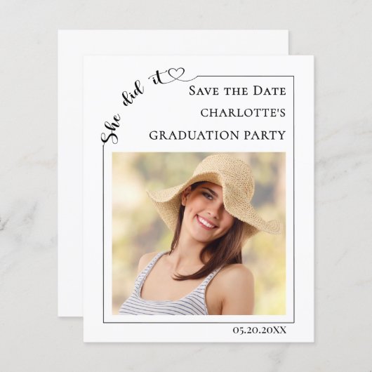 Papier Simple modern photo Graduation Save the Date card (Devant / Derrière)