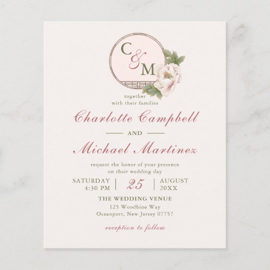 Papier Simple Monogramme Blush Pink Peony Mariage Invite (Devant)