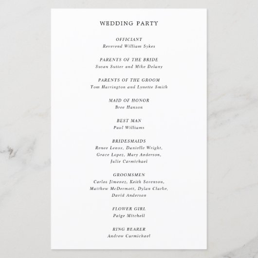Papier Simple Noir Blanc Minimal Élégant Mariage Programm (Dos)