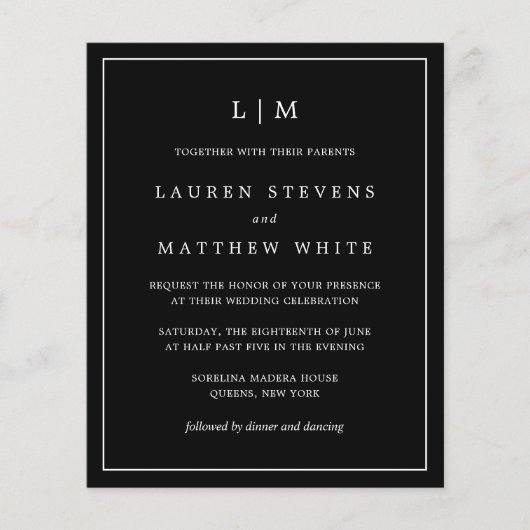 Papier Simple Noir Monogramme - Invitation au mariage bud (Devant)