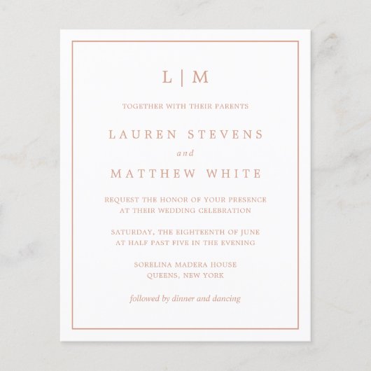 Papier Simple Rose rose Monogramme Budget Mariage Invite (Devant)