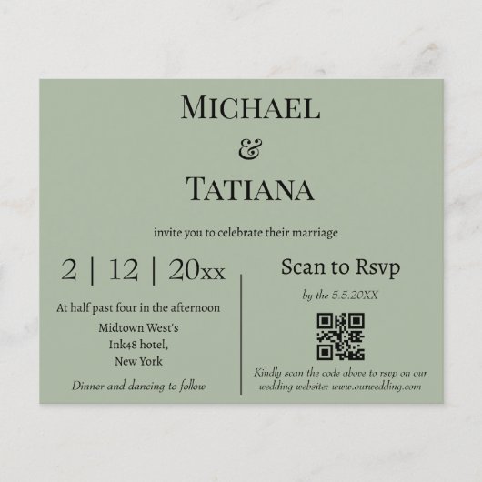 Papier simple sauge vert rsvp qr code faire-part de maria (Devant)