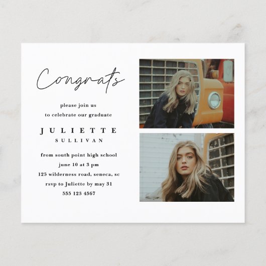 Papier Simple Script Budget Photo Graduation Invitation (Dos)