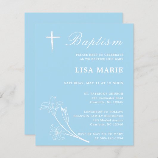 Papier Simple Sky Blue Baby Budget Baptême Invitation (Devant / Derrière)