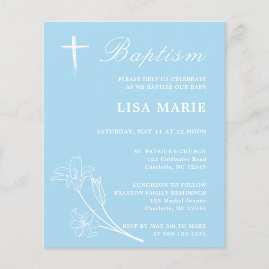 Papier Simple Sky Blue Baby Budget Baptême Invitation (Devant)