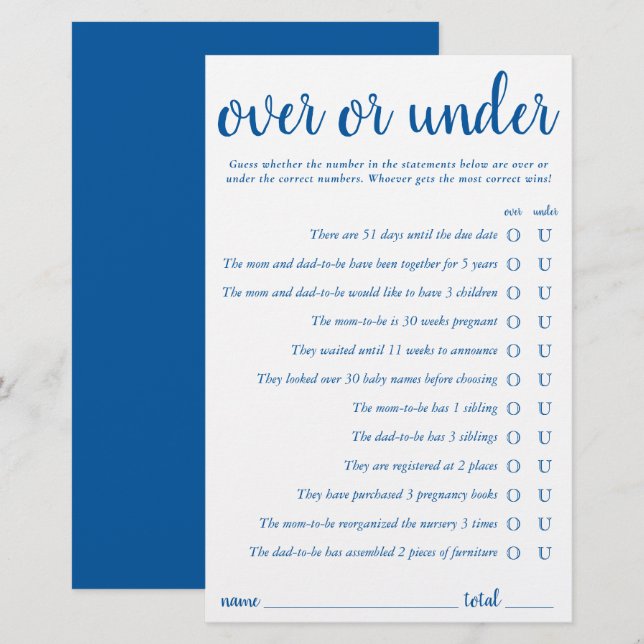 Papier Simple sur ou sous | Classic Blue Game Card (Devant / Derrière)