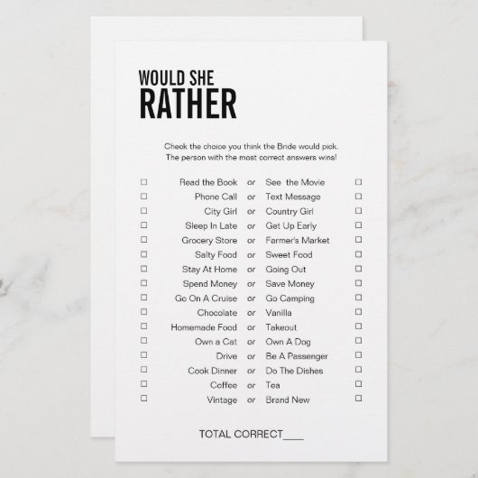 Papier Simple Voudrait-Elle Plutôt Fête des mariées Jeu (Devant / Derrière)