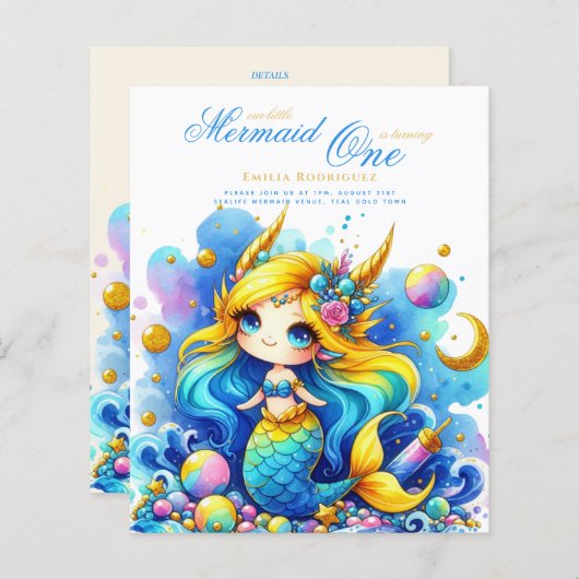 Papier Sirène 1er Anniversaire ou MODIFIER ÂGE Turquoise (Devant / Derrière)