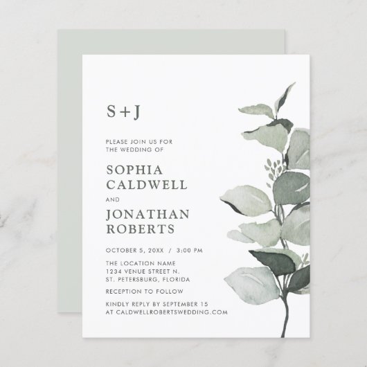 Papier Site Budget RSVP Eucalyptus Faire-part de mariage (Devant / Derrière)