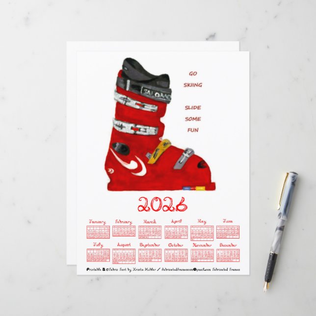 Papier Ski Boot Go Skiing Slide Some Fun 2026 Calendar (Devant/Arrière en situation)