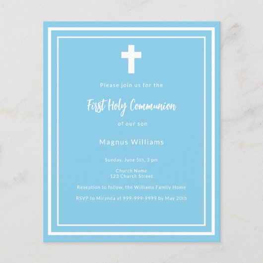 Papier Sky blue boy Première communion sainte invitation (Devant)