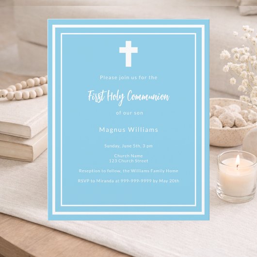 Papier Sky blue boy Première communion sainte invitation
