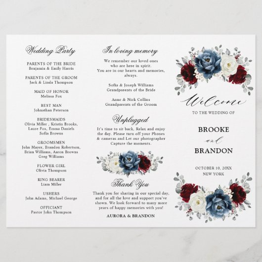 Papier Slate Blue Burgundy Boho Mariage Tri-Fold Programm (Devant)