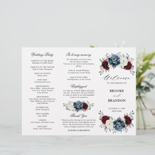 Papier Slate Blue Burgundy Boho Mariage Tri-Fold Programm (Debout devant)