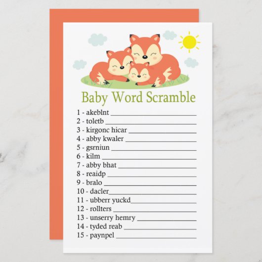 Papier Sleepy fox Baby word scramble jeu (Devant / Derrière)