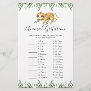 Papier Sleepy Sloth Baby shower Animal Gestation Jeu