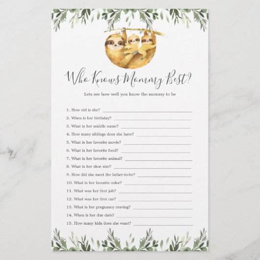 Papier Sloth Animals Baby shower Qui Connaît Maman Le Mie (Devant)