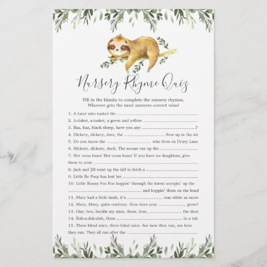 Papier Sloth Animaux Baby shower Nursery Rhyme Jeu (Devant)