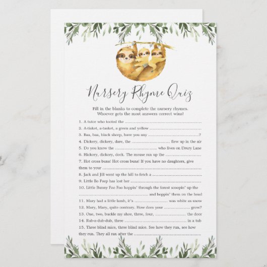 Papier Sloth Animaux Baby shower Nursery Rhyme Jeu (Devant / Derrière)