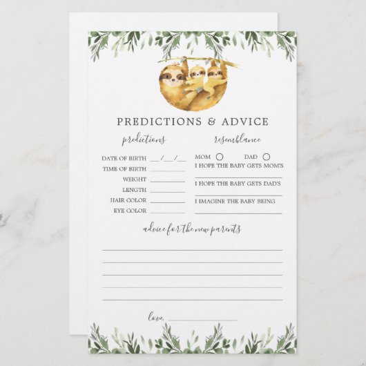 Papier Sloth Animaux Baby shower Prédictions et conseils (Devant / Derrière)
