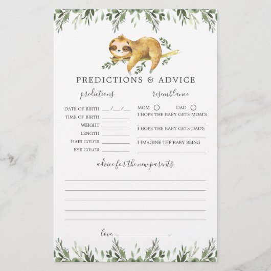 Papier Sloth Animaux Baby shower Prédictions et conseils (Devant)