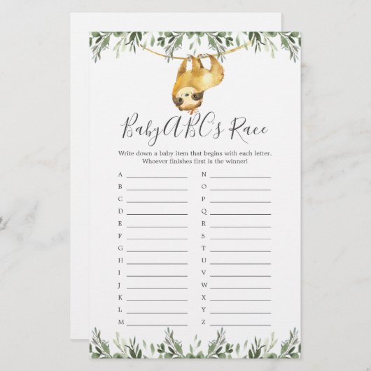 Papier Sloth Baby shower ABC's Race Game (Devant / Derrière)