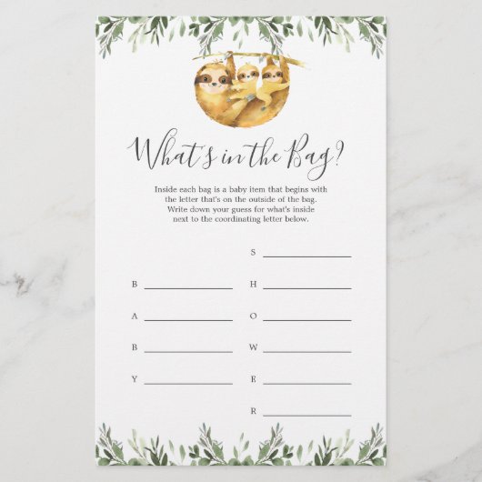 Papier Sloth Baby shower Devinez ce qu'il y a dans le jeu (Devant)
