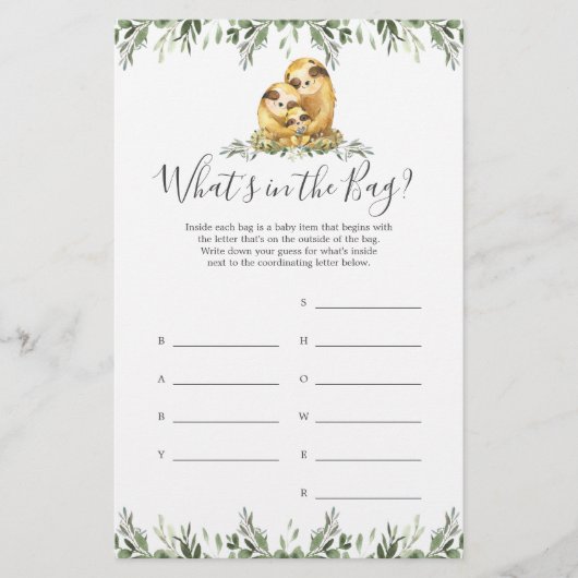 Papier Sloth Baby shower Devinez ce qu'il y a dans le jeu (Devant)