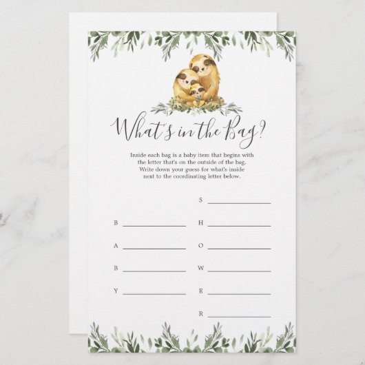 Papier Sloth Baby shower Devinez ce qu'il y a dans le jeu (Devant / Derrière)