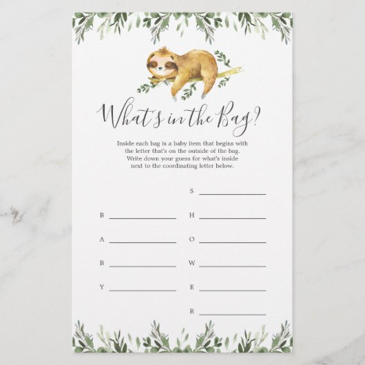 Papier Sloth Baby shower Devinez ce qu'il y a dans le jeu (Devant)