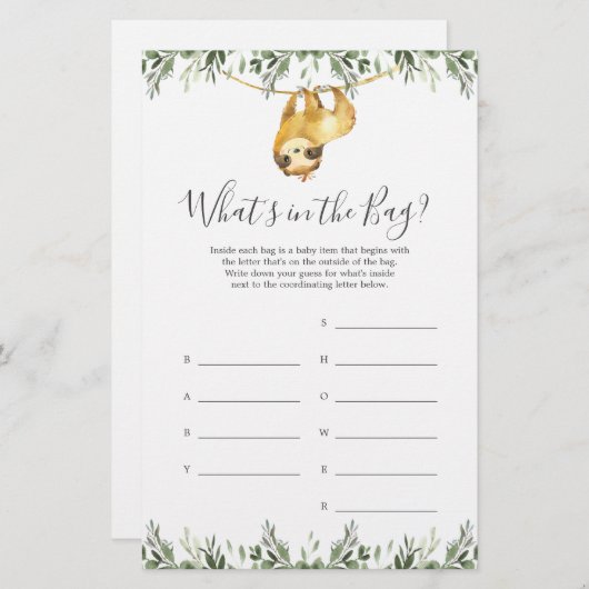 Papier Sloth Baby shower Devinez ce qu'il y a dans le jeu (Devant / Derrière)