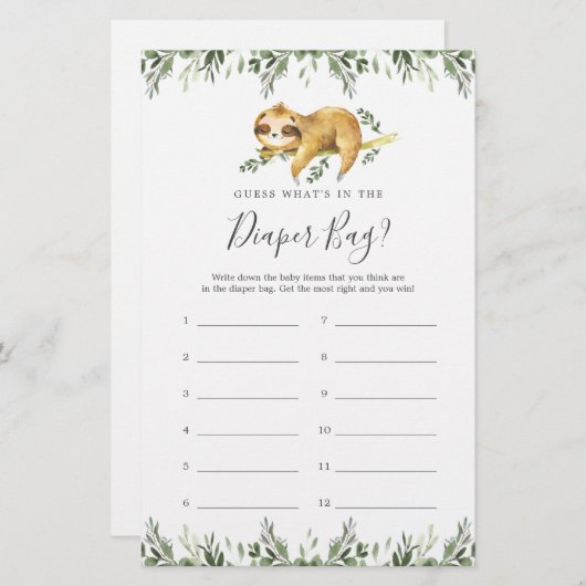Papier Sloth Baby shower Devinez ce qu'il y a dans le sac (Devant / Derrière)