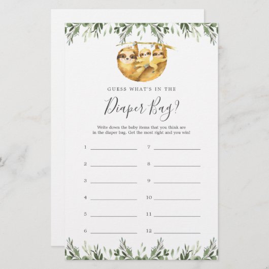 Papier Sloth Baby shower Devinez ce qu'il y a dans le sac (Devant / Derrière)