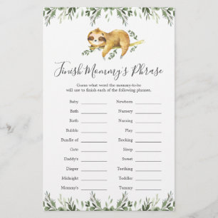 Papier Sloth Baby shower Finish Mommy's Phrase Game