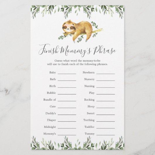 Papier Sloth Baby shower Finish Mommy's Phrase Game (Devant)
