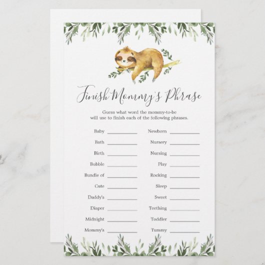 Papier Sloth Baby shower Finish Mommy's Phrase Game (Devant / Derrière)