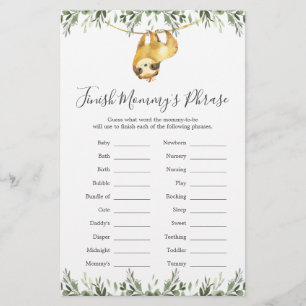 Papier Sloth Baby shower Finish Mommy's Phrase Game