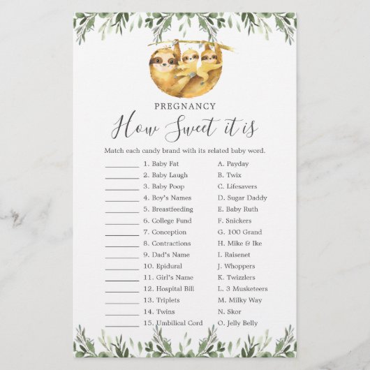 Papier Sloth Baby shower Grossesse Comme Il Est Doux Jeu (Devant)