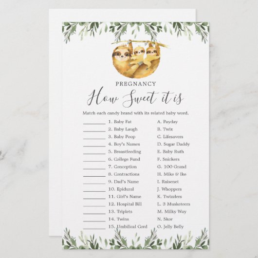 Papier Sloth Baby shower Grossesse Comme Il Est Doux Jeu (Devant / Derrière)