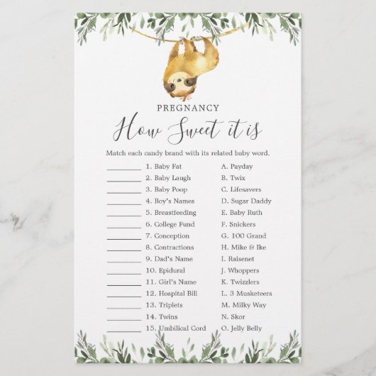 Papier Sloth Baby shower Grossesse Comme Il Est Doux Jeu (Devant)