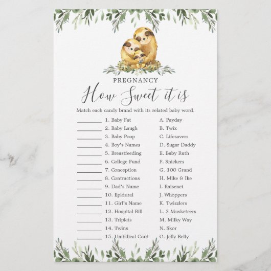 Papier Sloth Baby shower Grossesse Comme Il Est Doux Jeu (Devant)