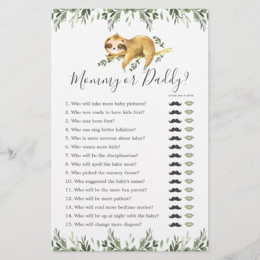 Papier Sloth Baby shower maman ou papa jeu (Devant)