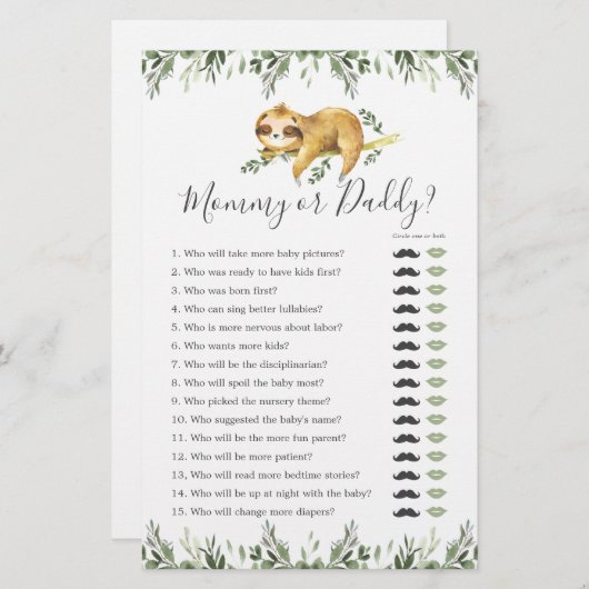 Papier Sloth Baby shower maman ou papa jeu (Devant / Derrière)