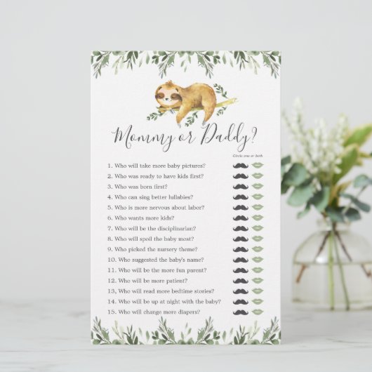 Papier Sloth Baby shower maman ou papa jeu (Debout devant)
