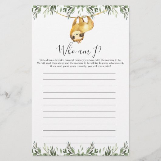 Papier Sloth Baby shower Qui Suis-Je Jeu (Devant)
