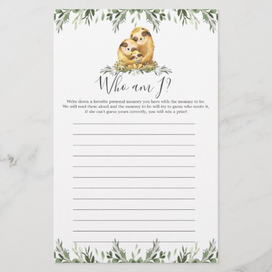 Papier Sloth Baby shower Qui Suis-Je Jeu (Devant)