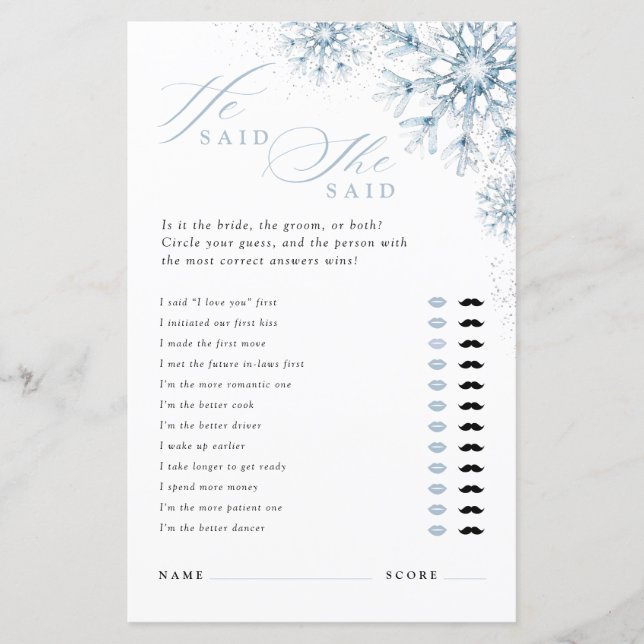 Papier Snow in Love He Said She Said Bridal Shower Game (Devant)