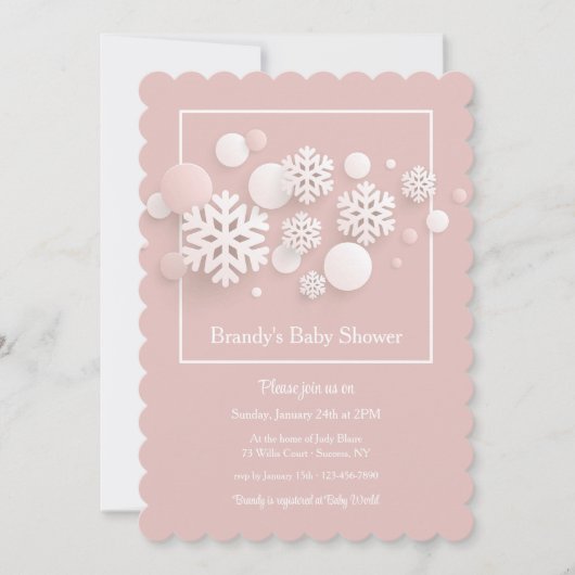 Papier Snowflakes Baby shower rose Invitation (Devant)