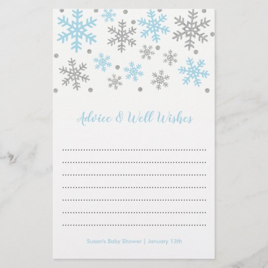 Papier Snowflakes Blue & Silver Winter Baby shower Consei (Devant)